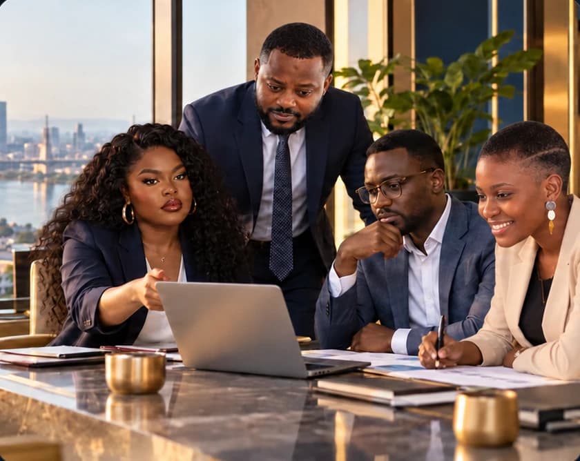 Team at work around a computer in an office