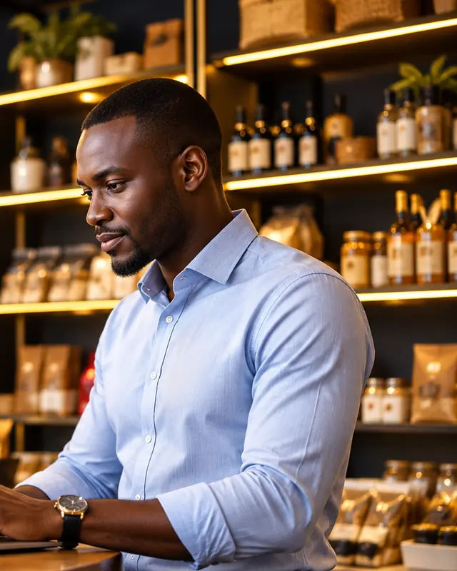 Shopkeeper at the counter of his shop