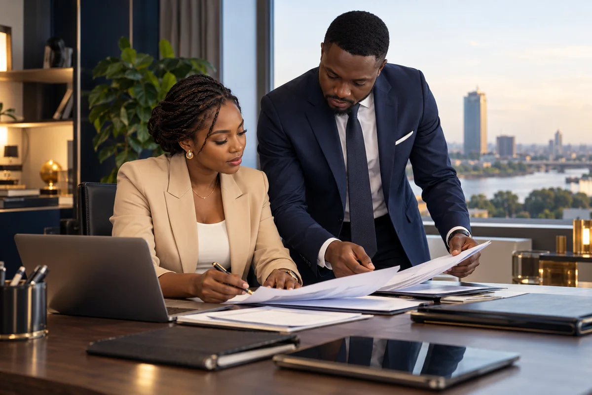 Two managers reviewing a file