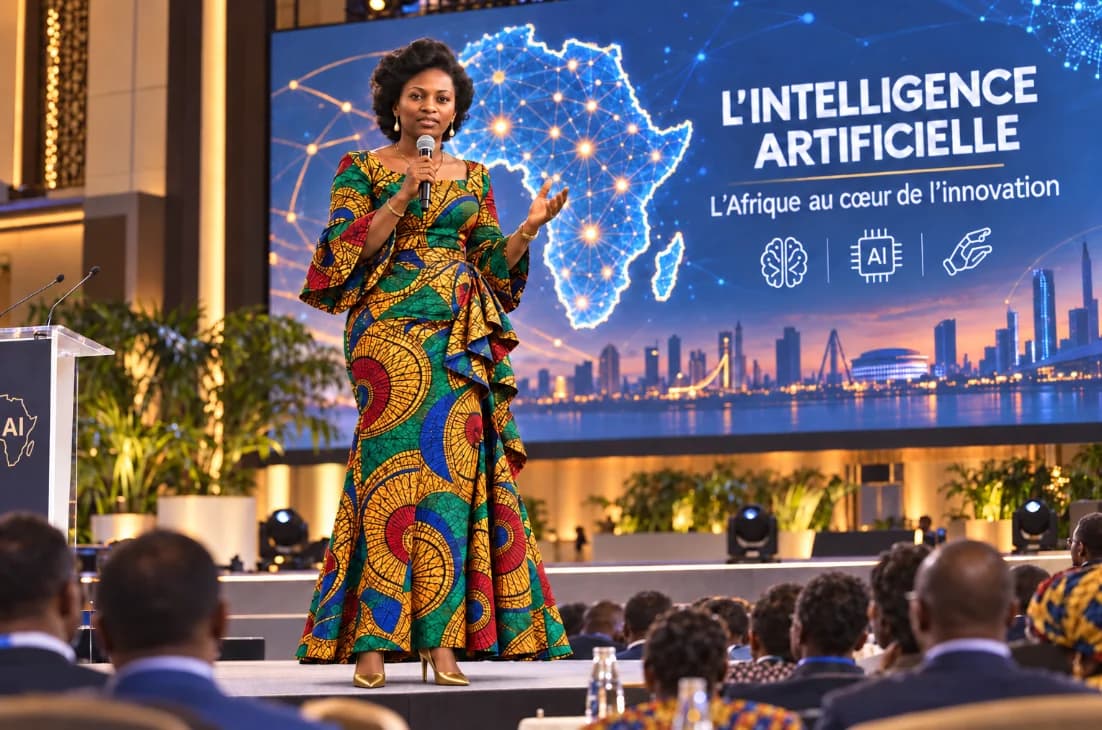 Oradora con vestido de tela wax en el escenario, ante una pantalla «La inteligencia artificial — África en el corazón de la innovación»