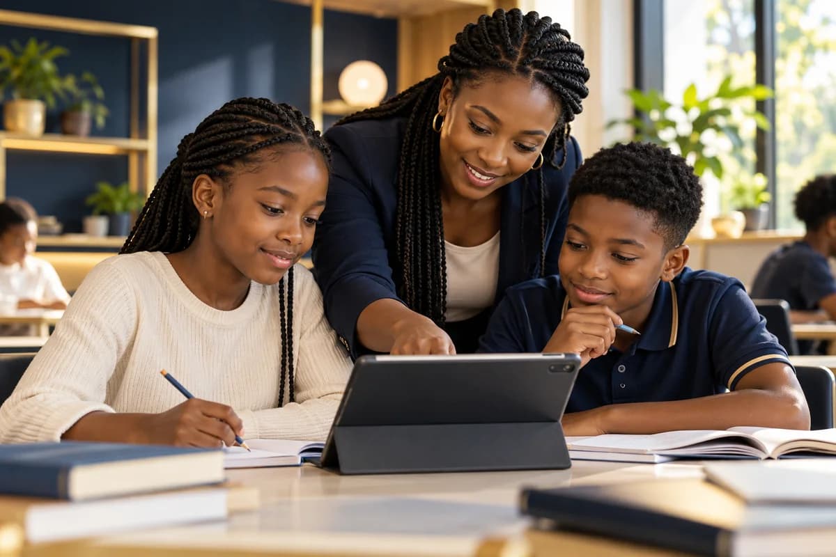 Teacher and pupils using tablets