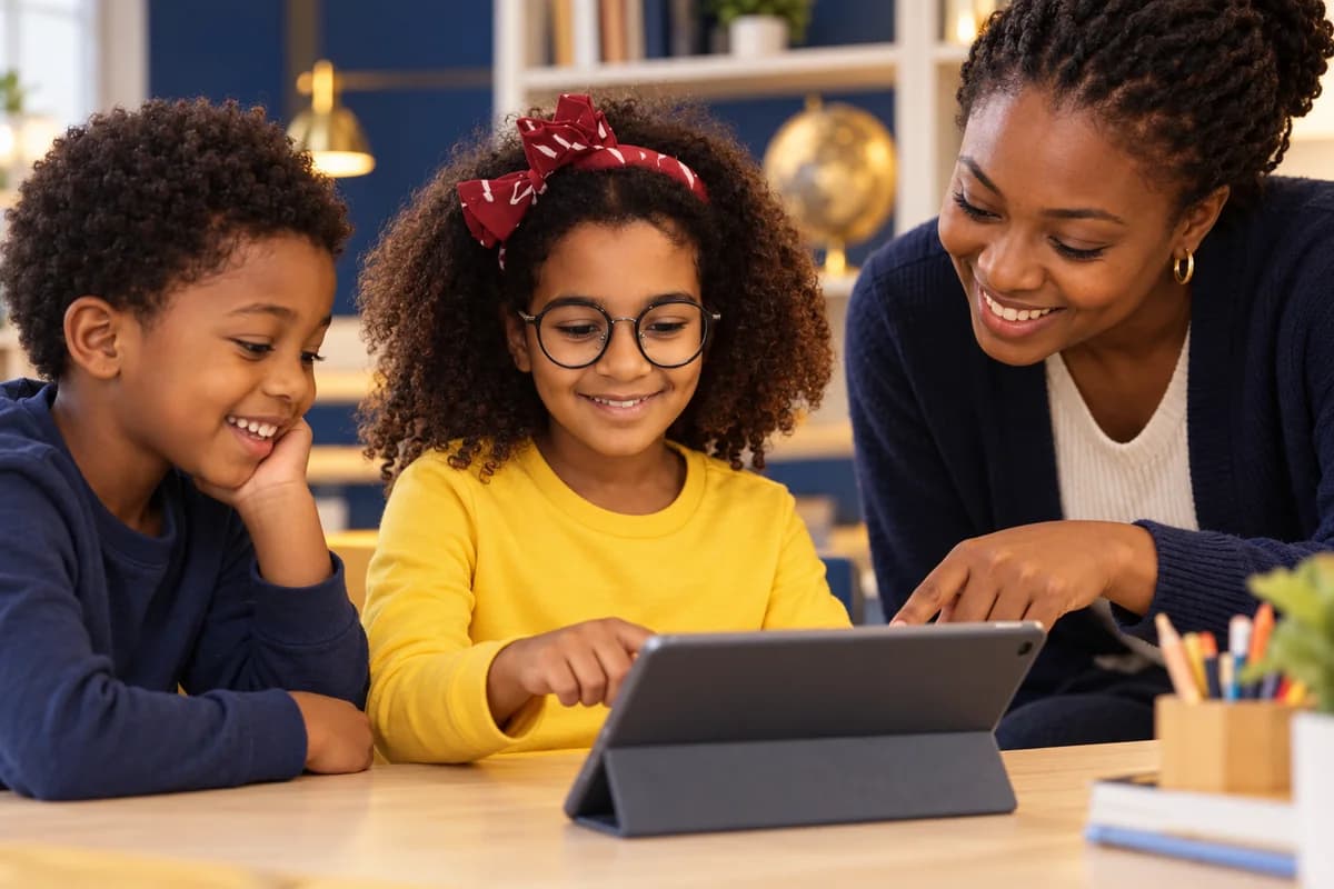 Pupils and teacher in class with a tablet