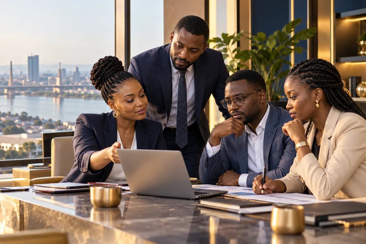 Team at work around a computer in an office