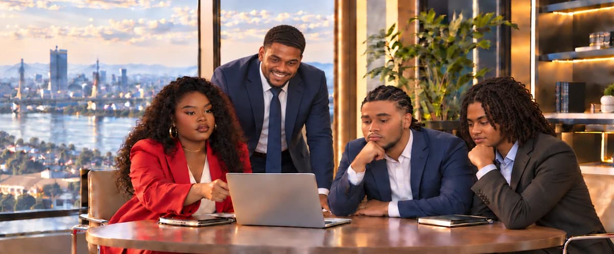 Four young professionals around a round table and a computer