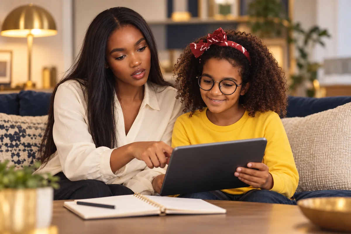 Une jeune femme accompagne une enfant sur une tablette